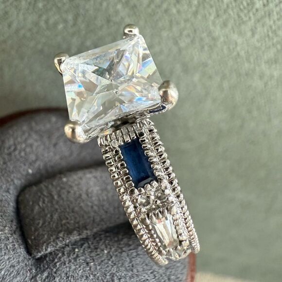 Large Princess Cut CZ Ring with Blue Accent Stones – Size 8 Bold Glam Look - Picture 14 of 17